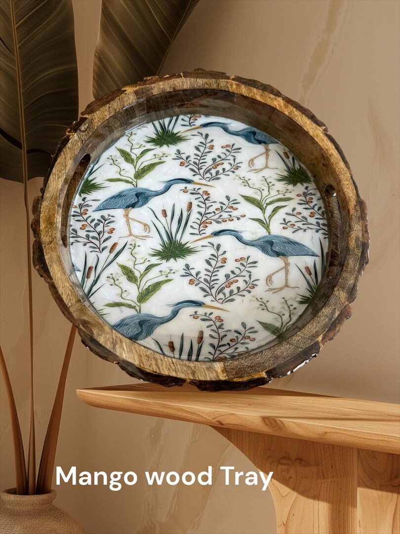 Rustic Mango wood Serving Platter with Bark Edge Wood